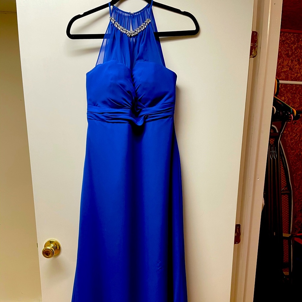 blue full length bridesmaids dress